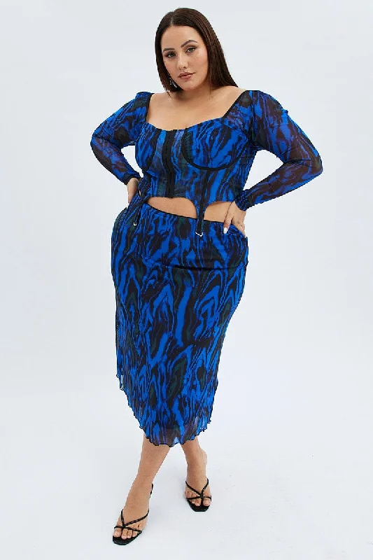 Blue Abstract Midi Skirt Mesh Print