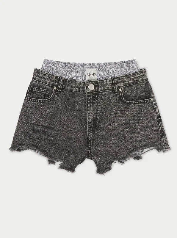 DOUBLE LAYER BOXER DENIM SHORTS - BLACK WASH