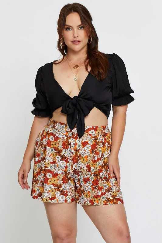 Floral Print Pleated Shorts High Rise