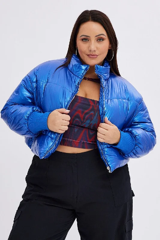 Blue Puffer Jacket Shiny Wet Look Lined Cropped