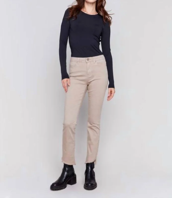 Bootcut Twill Pants With Asymmetrical Hem In Almond