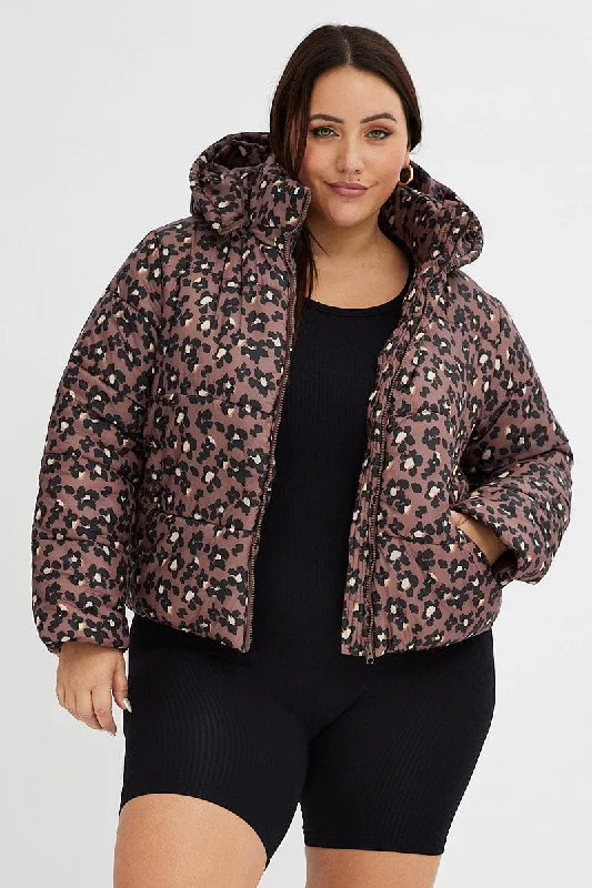 Brown Animal Print Puffer Jacket Long Sleeve Leopard