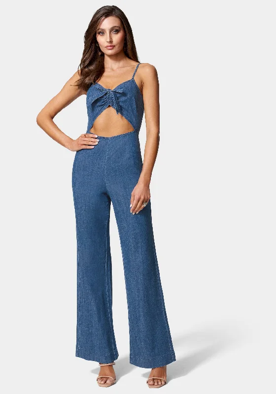 Front Ruched Cut Out Wide Leg Lightweight Denim Jumpsuit