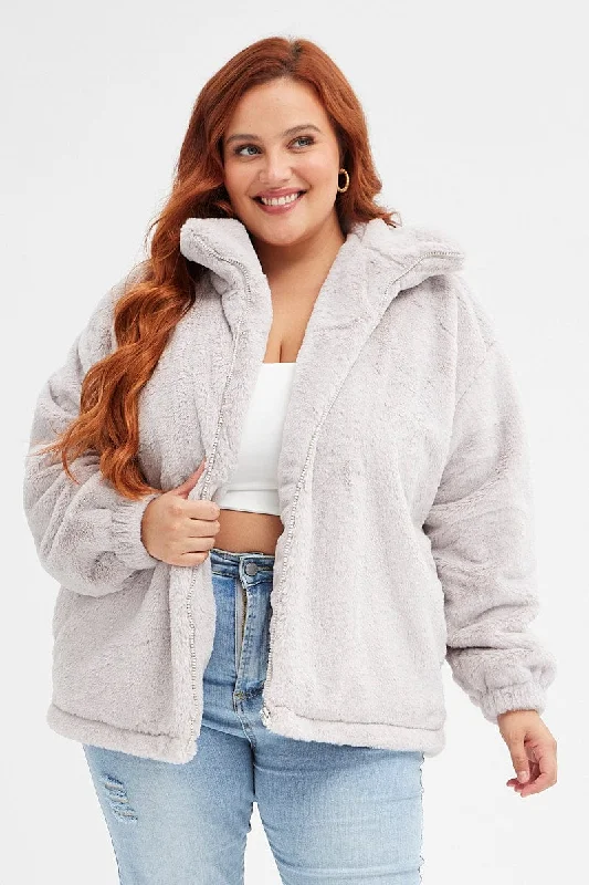 Grey Faux Fur Jacket Long Sleeve Zip Through