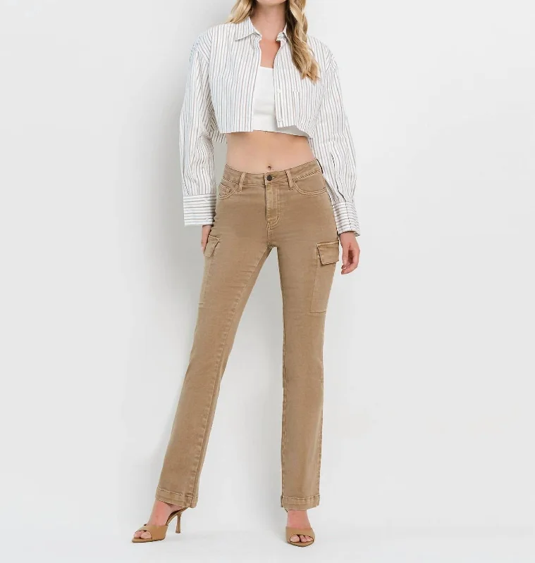 High Rise Relaxed Bootcut Cargo Jean In Stone Khaki