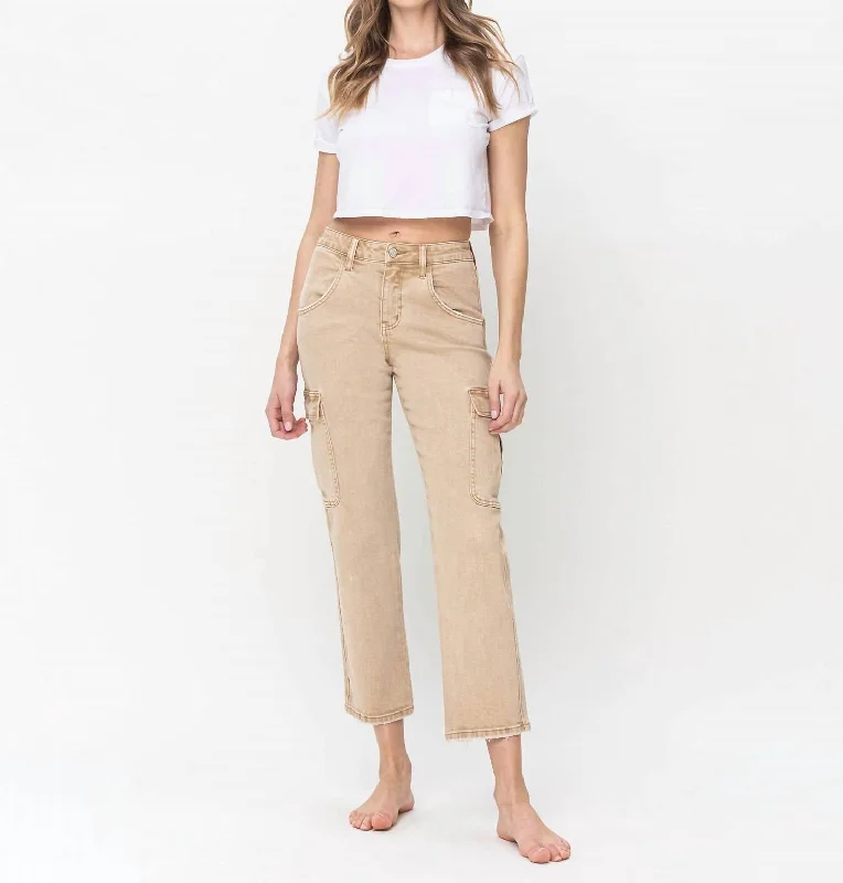 High Rise Relaxed Straight Cargo Jean In Tan