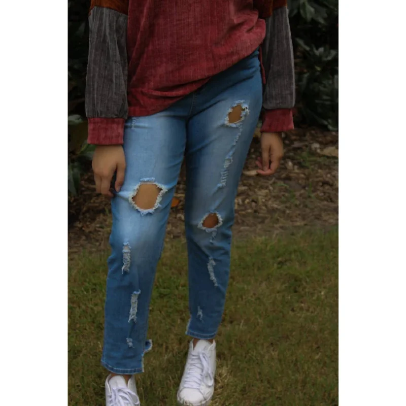 High Waisted Distressed Jeans In Blue