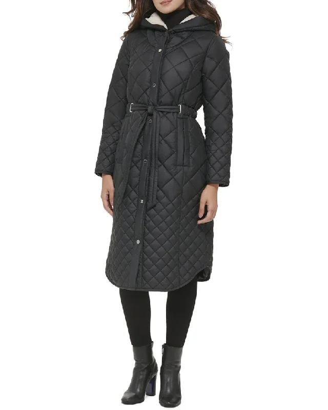 Kenneth Cole Long Belted Quilted Coat