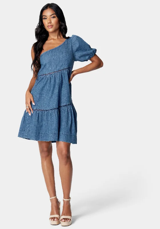 One Shoulder Asymmetric A Line Denim Dress