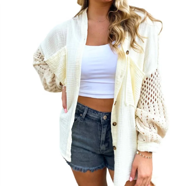 Oversized Crochet Sleeve Gauze Shacket In Natural