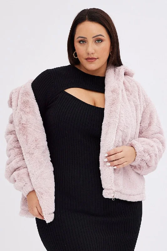 Pink Zip Jacket Lined Plush Faux Fur