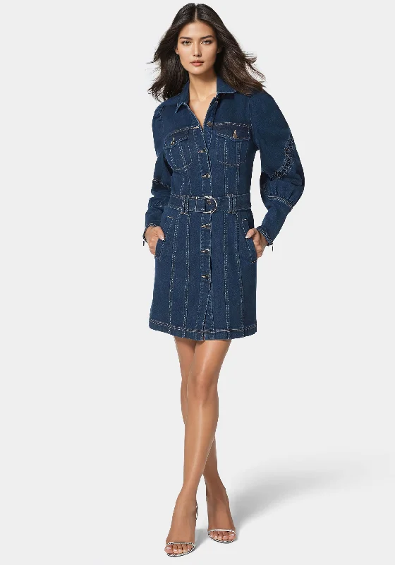 Sleeve Detail Front Button Denim Dress