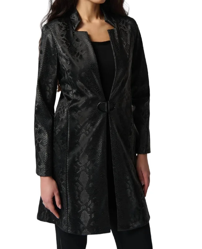 Snakeskin Button-Up Coat In Black