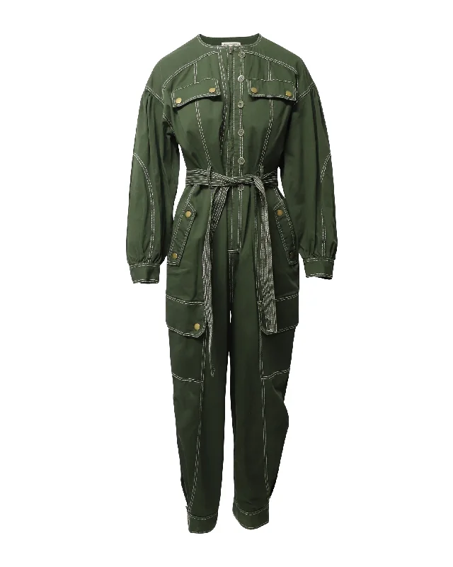 Ulla Johnson Leo Contrast Stitching Jumpsuit in Green Cotton