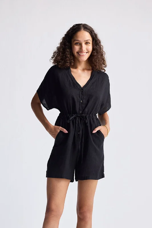 V neck Drawstring Romper in Black