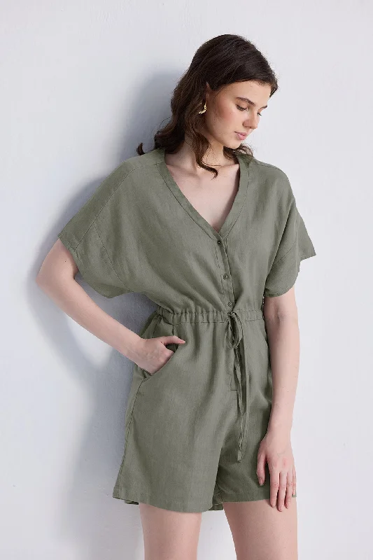 V neck Drawstring Romper in Dark Green