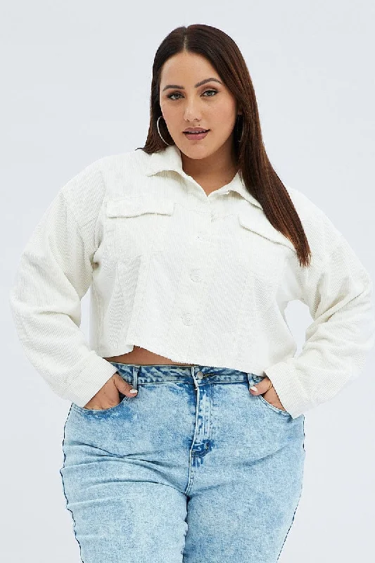 White Crop Jacket Corduroy Button Front