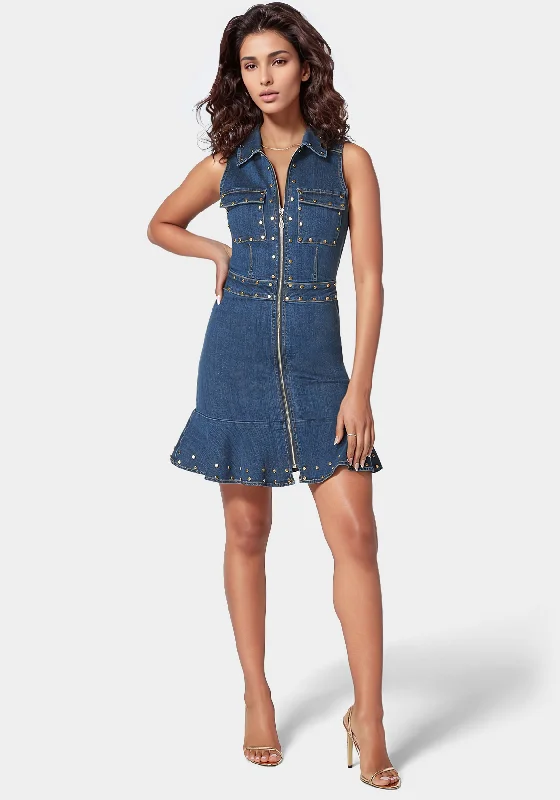 Zip Front Stud Detail Fit And Flare Denim Dress