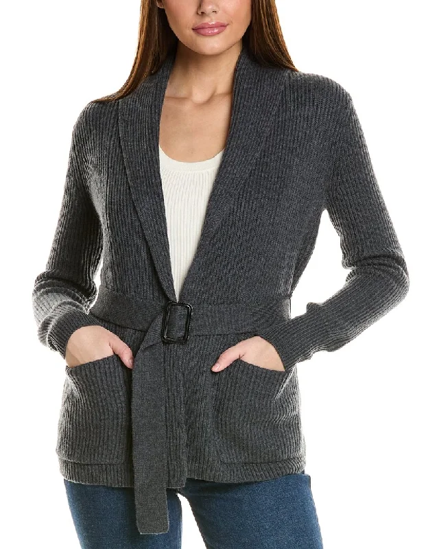 Bruno Magli Ribbed Belted Shawl Wool Cardigan