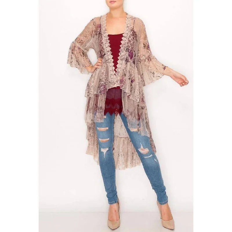 Ilana Rose Lace Cardigan In Taupe