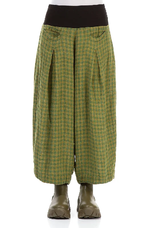 Loose Green Check Linen Trousers