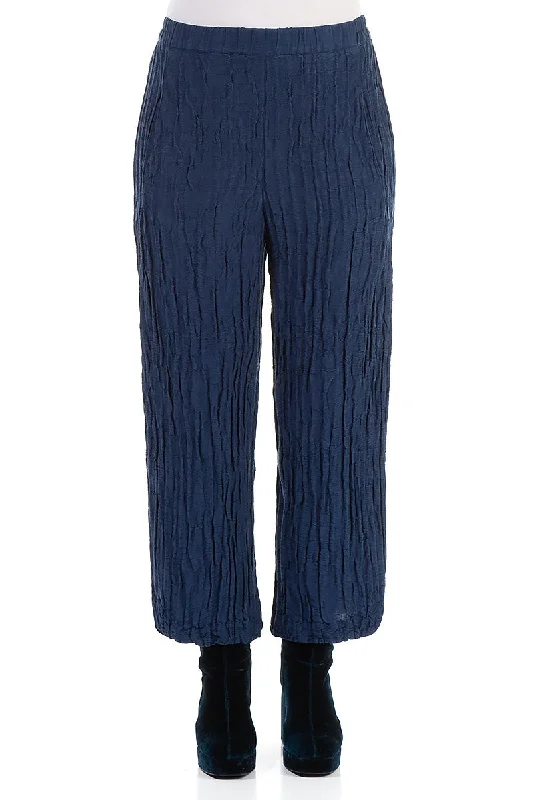 Straight Crinkled Cobalt Blue Silk Linen Trousers