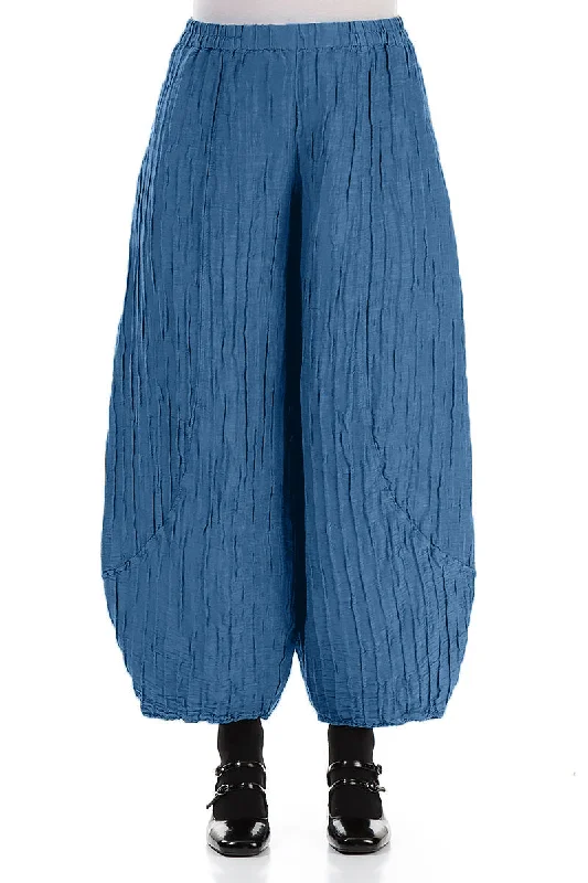 Taper Crinkled Azure Silk Linen Trousers