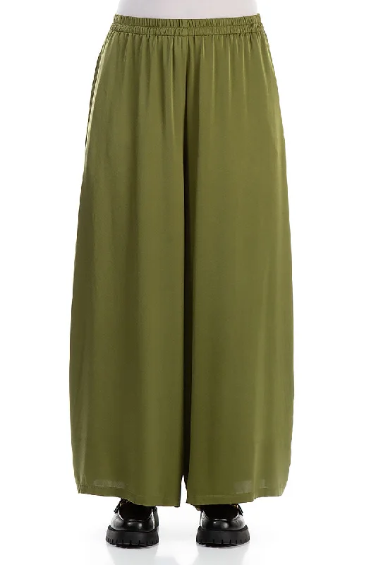 Wide Olive Silk Trousers