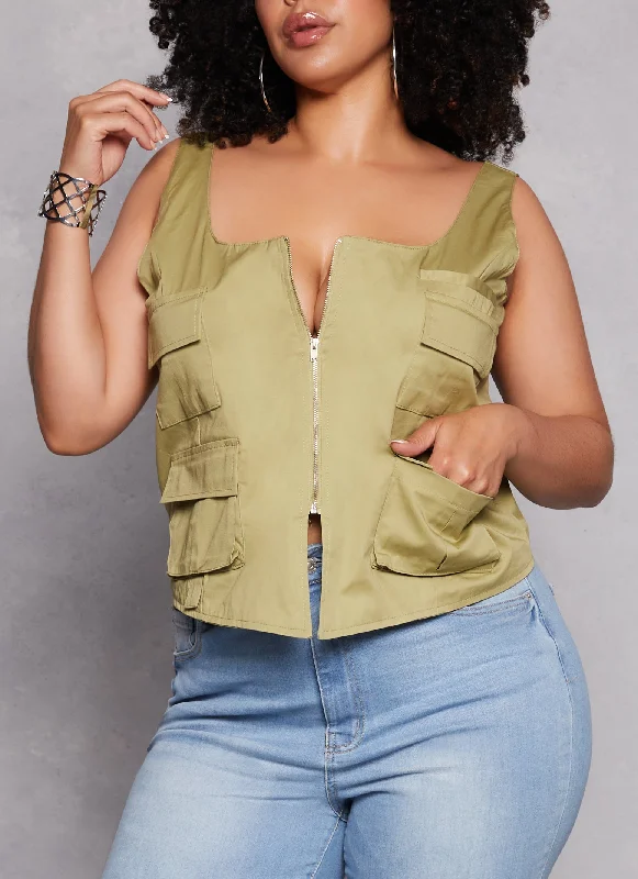 Plus Size Cargo Pocket Zip Front Vest