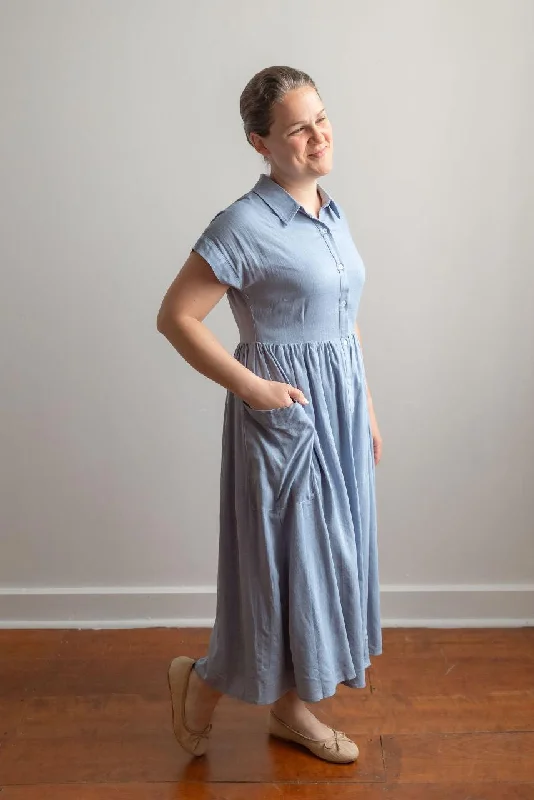 Constance Button Midi Dress in Denim Blue - FINAL SALE