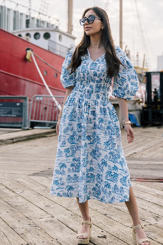 Leandra Blue Smocked V-Neck Midi Dress